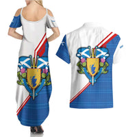 Scotland Blue Tartan Couples Matching Summer Maxi Dress and Hawaiian Shirt with Crest and Saltire Shield Design - Wonder Print Shop