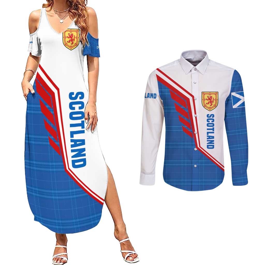 Scotland Blue Tartan Couples Matching Summer Maxi Dress and Long Sleeve Button Shirt with Crest and Saltire Shield Design - Wonder Print Shop