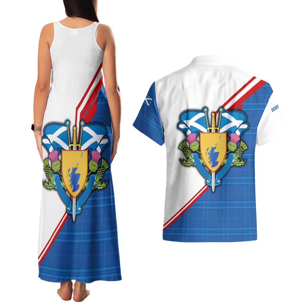 Scotland Blue Tartan Couples Matching Tank Maxi Dress and Hawaiian Shirt with Crest and Saltire Shield Design - Wonder Print Shop