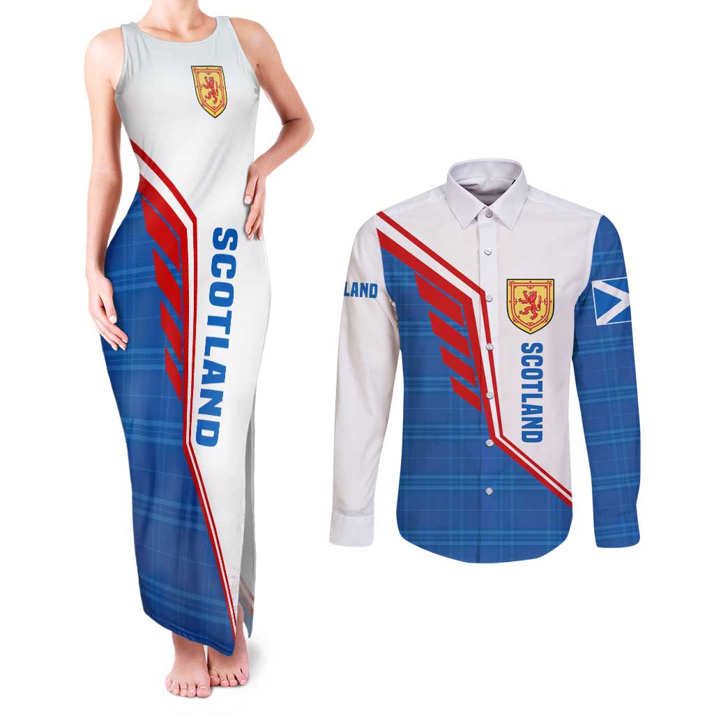 Scotland Blue Tartan Couples Matching Tank Maxi Dress and Long Sleeve Button Shirt with Crest and Saltire Shield Design - Wonder Print Shop