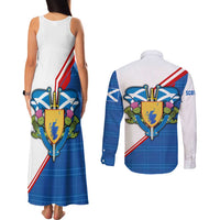 Scotland Blue Tartan Couples Matching Tank Maxi Dress and Long Sleeve Button Shirt with Crest and Saltire Shield Design - Wonder Print Shop