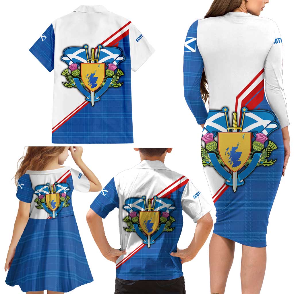 Scotland Blue Tartan Family Matching Long Sleeve Bodycon Dress and Hawaiian Shirt with Crest and Saltire Shield Design - Wonder Print Shop
