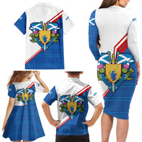 Scotland Blue Tartan Family Matching Long Sleeve Bodycon Dress and Hawaiian Shirt with Crest and Saltire Shield Design - Wonder Print Shop
