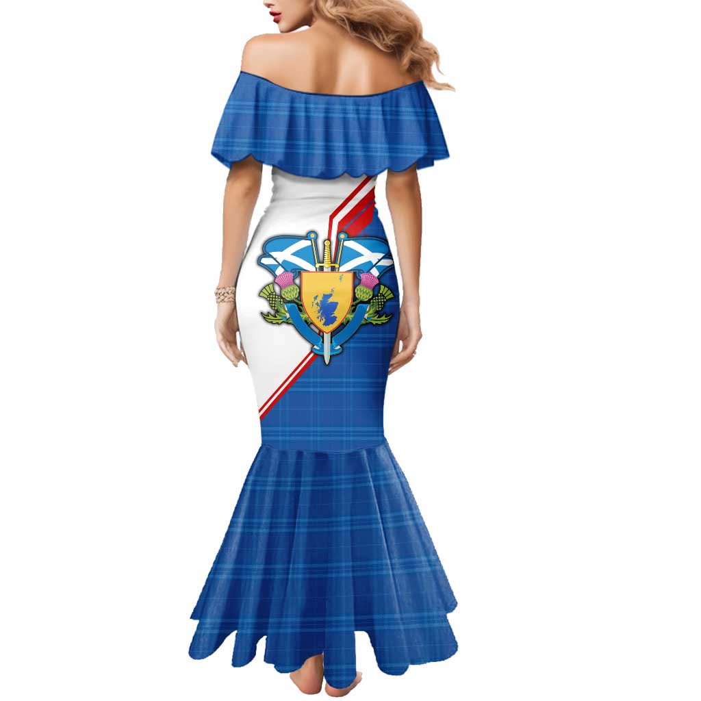 Scotland Blue Tartan Family Matching Mermaid Dress and Hawaiian Shirt with Crest and Saltire Shield Design - Wonder Print Shop