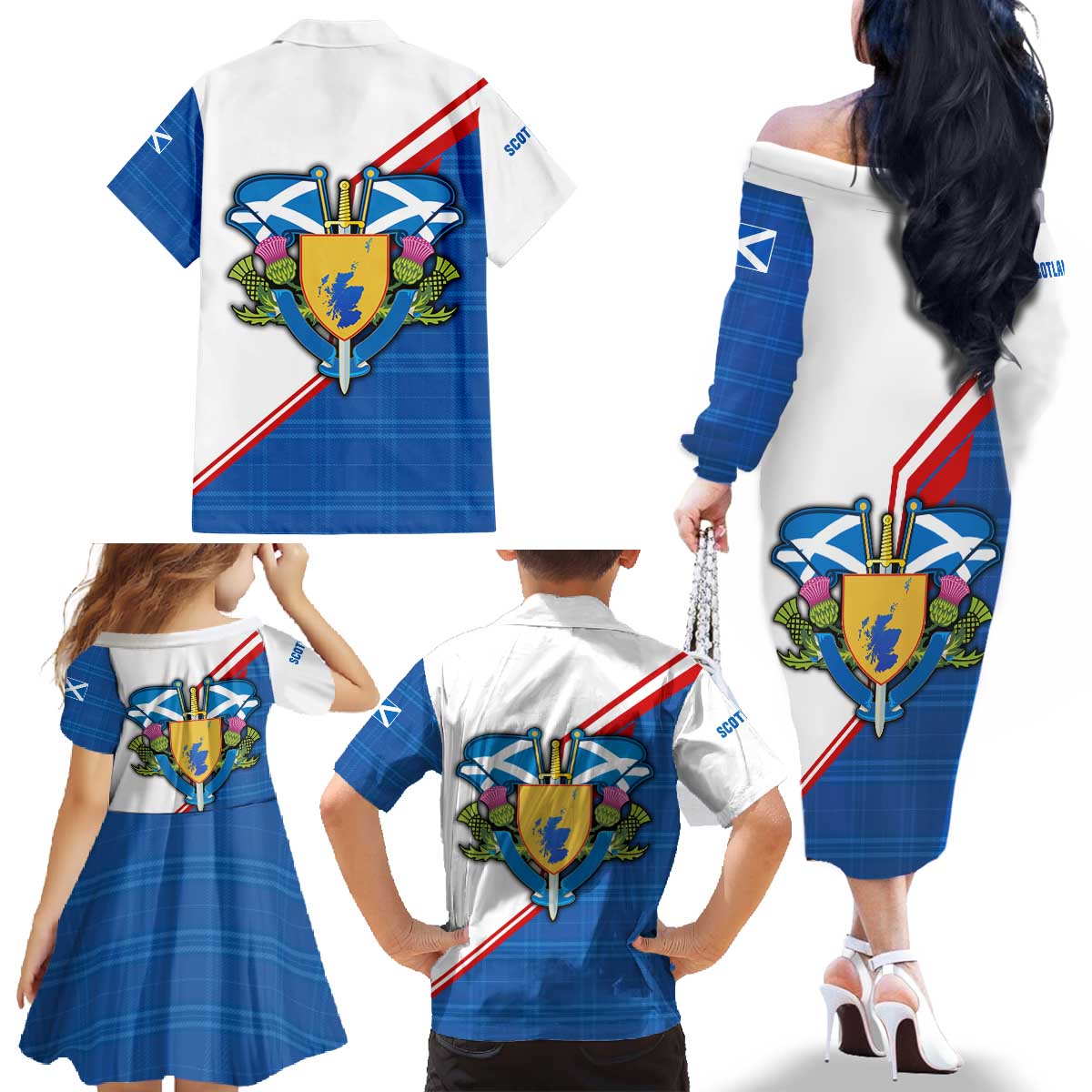 Scotland Blue Tartan Family Matching Off The Shoulder Long Sleeve Dress and Hawaiian Shirt with Crest and Saltire Shield Design - Wonder Print Shop