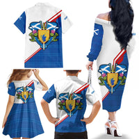 Scotland Blue Tartan Family Matching Off The Shoulder Long Sleeve Dress and Hawaiian Shirt with Crest and Saltire Shield Design - Wonder Print Shop