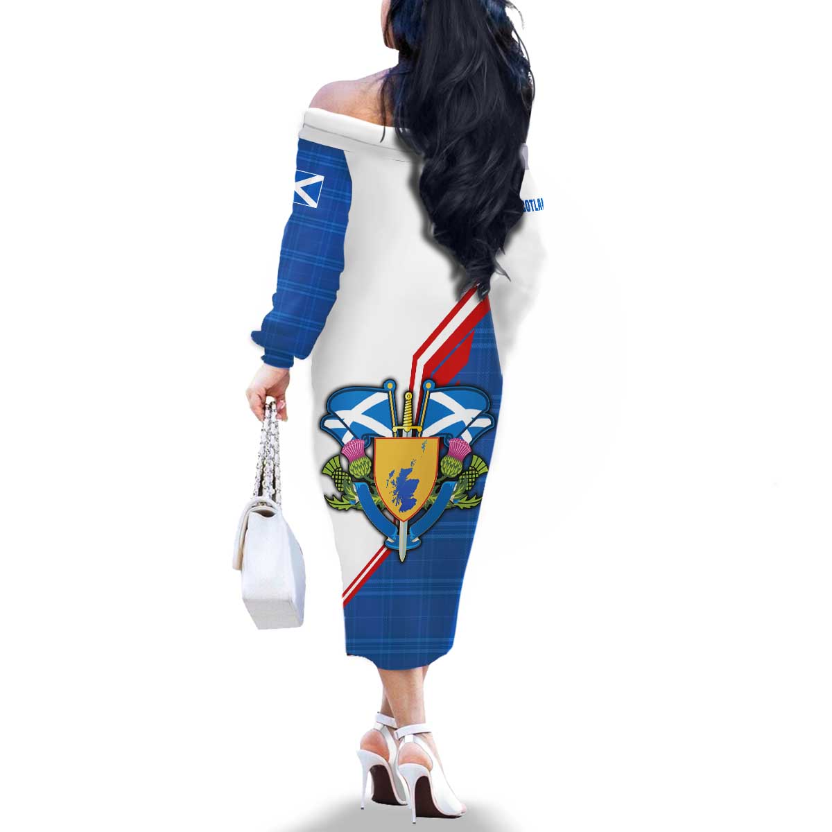 Scotland Blue Tartan Family Matching Off The Shoulder Long Sleeve Dress and Hawaiian Shirt with Crest and Saltire Shield Design - Wonder Print Shop