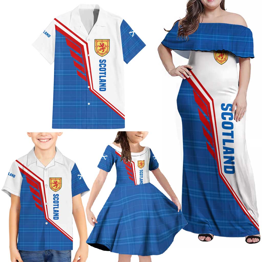 Scotland Blue Tartan Family Matching Off Shoulder Maxi Dress and Hawaiian Shirt with Crest and Saltire Shield Design - Wonder Print Shop