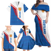 Scotland Blue Tartan Family Matching Off Shoulder Maxi Dress and Hawaiian Shirt with Crest and Saltire Shield Design - Wonder Print Shop