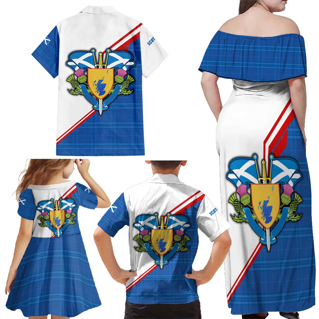 Scotland Blue Tartan Family Matching Off Shoulder Maxi Dress and Hawaiian Shirt with Crest and Saltire Shield Design - Wonder Print Shop