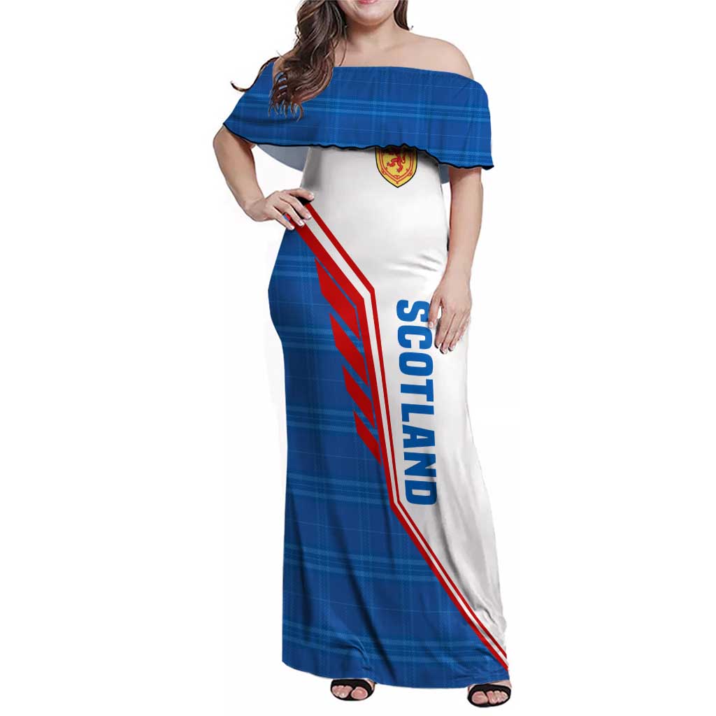 Scotland Blue Tartan Family Matching Off Shoulder Maxi Dress and Hawaiian Shirt with Crest and Saltire Shield Design - Wonder Print Shop