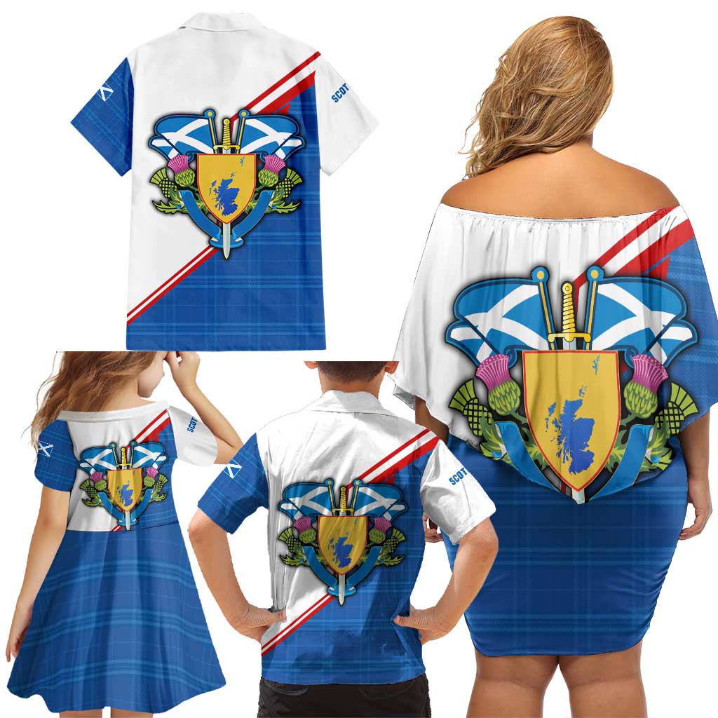 Scotland Blue Tartan Family Matching Off Shoulder Short Dress and Hawaiian Shirt with Crest and Saltire Shield Design - Wonder Print Shop