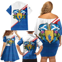 Scotland Blue Tartan Family Matching Off Shoulder Short Dress and Hawaiian Shirt with Crest and Saltire Shield Design - Wonder Print Shop