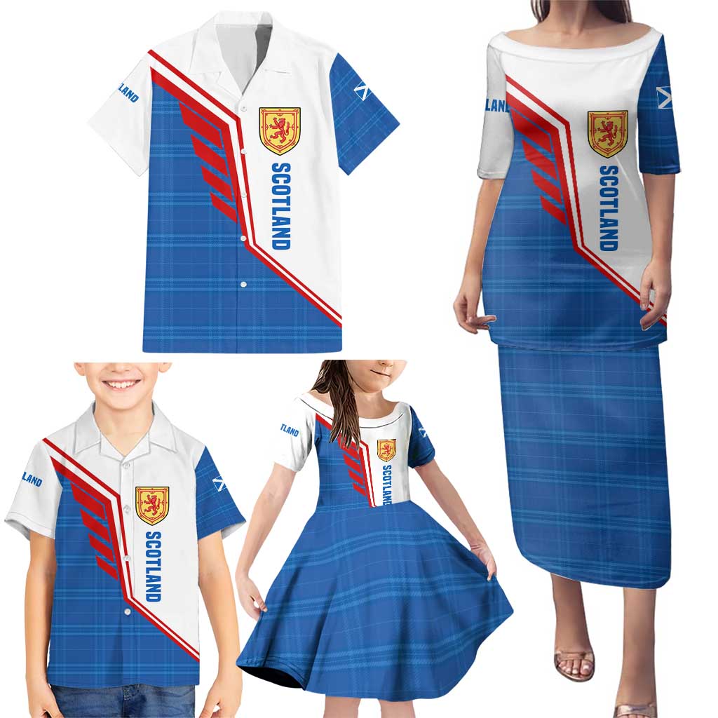 Scotland Blue Tartan Family Matching Puletasi and Hawaiian Shirt with Crest and Saltire Shield Design - Wonder Print Shop