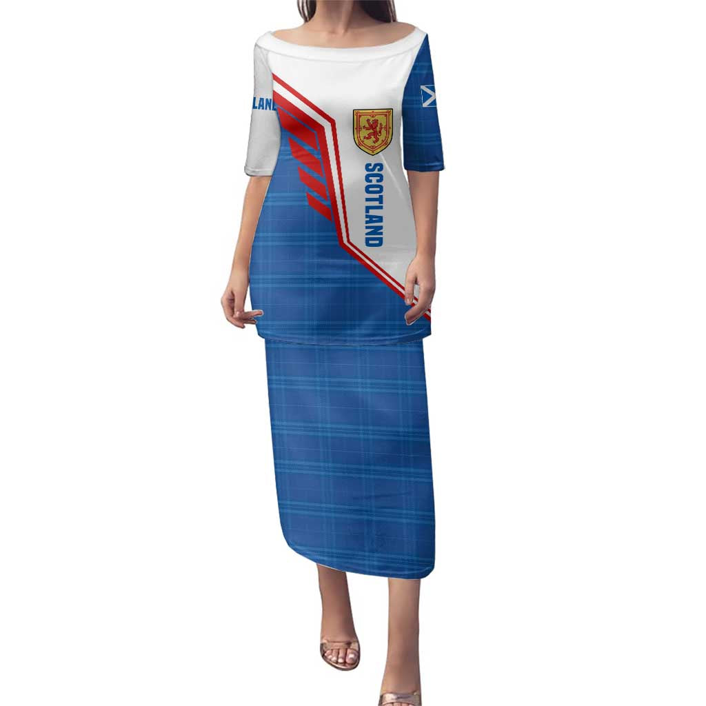 Scotland Blue Tartan Family Matching Puletasi and Hawaiian Shirt with Crest and Saltire Shield Design - Wonder Print Shop