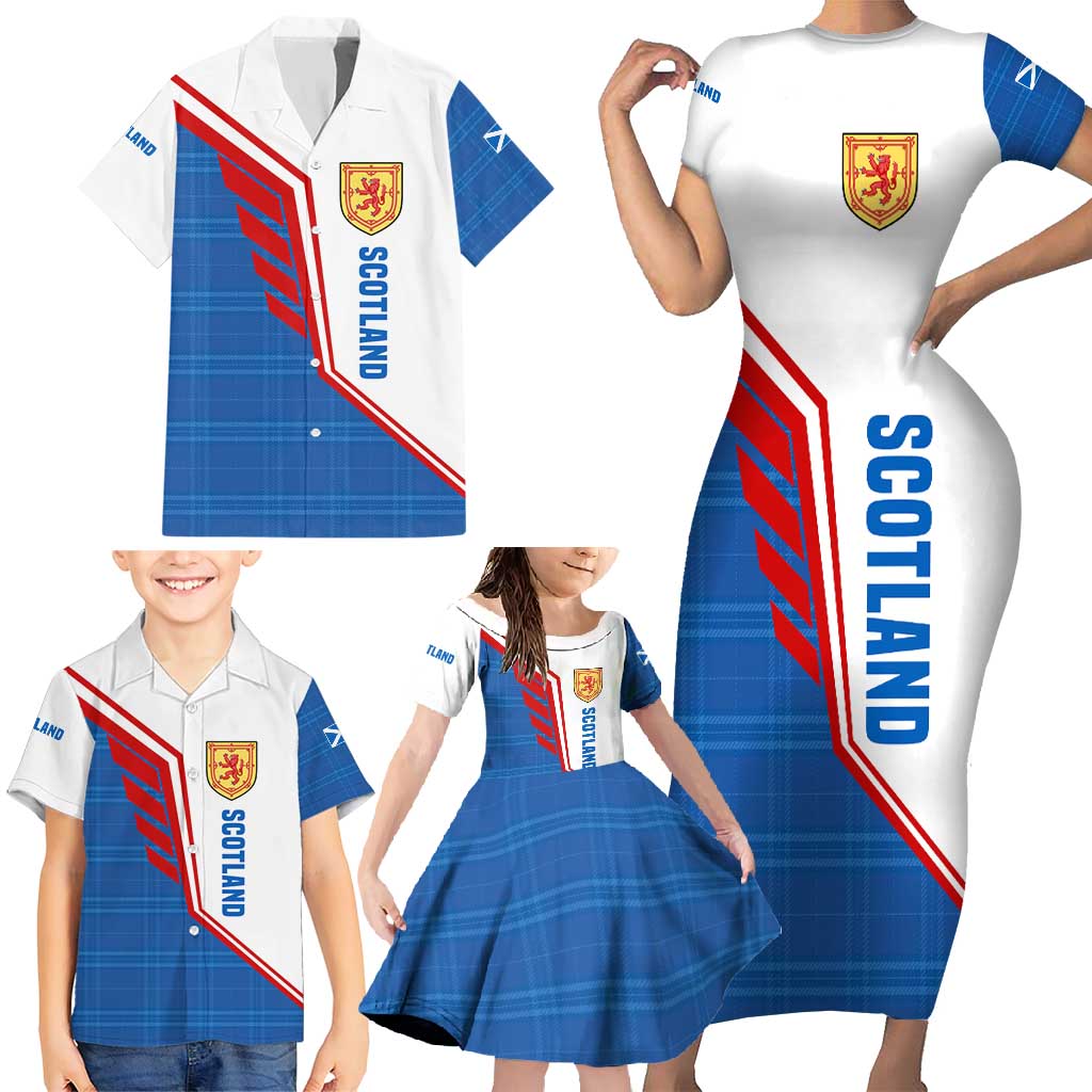 Scotland Blue Tartan Family Matching Short Sleeve Bodycon Dress and Hawaiian Shirt with Crest and Saltire Shield Design - Wonder Print Shop