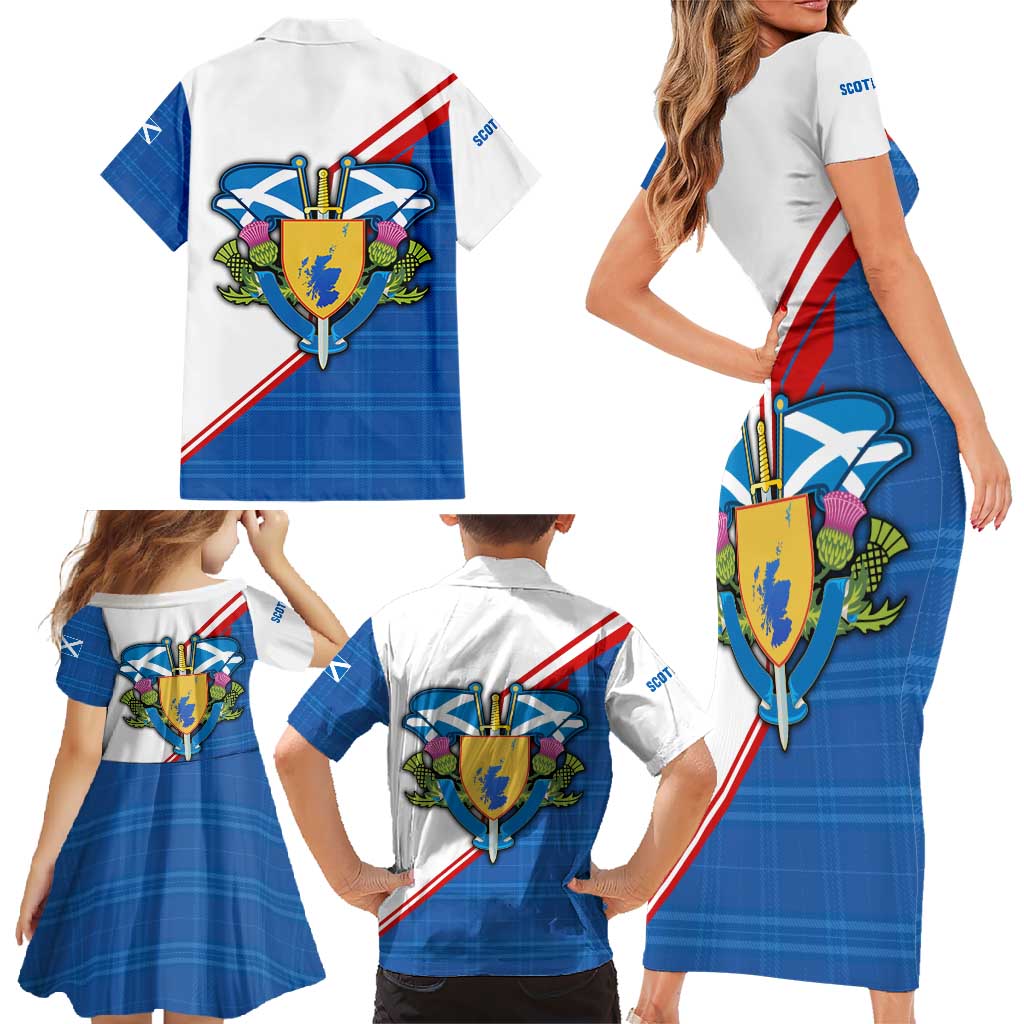 Scotland Blue Tartan Family Matching Short Sleeve Bodycon Dress and Hawaiian Shirt with Crest and Saltire Shield Design - Wonder Print Shop