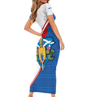 Scotland Blue Tartan Family Matching Short Sleeve Bodycon Dress and Hawaiian Shirt with Crest and Saltire Shield Design - Wonder Print Shop