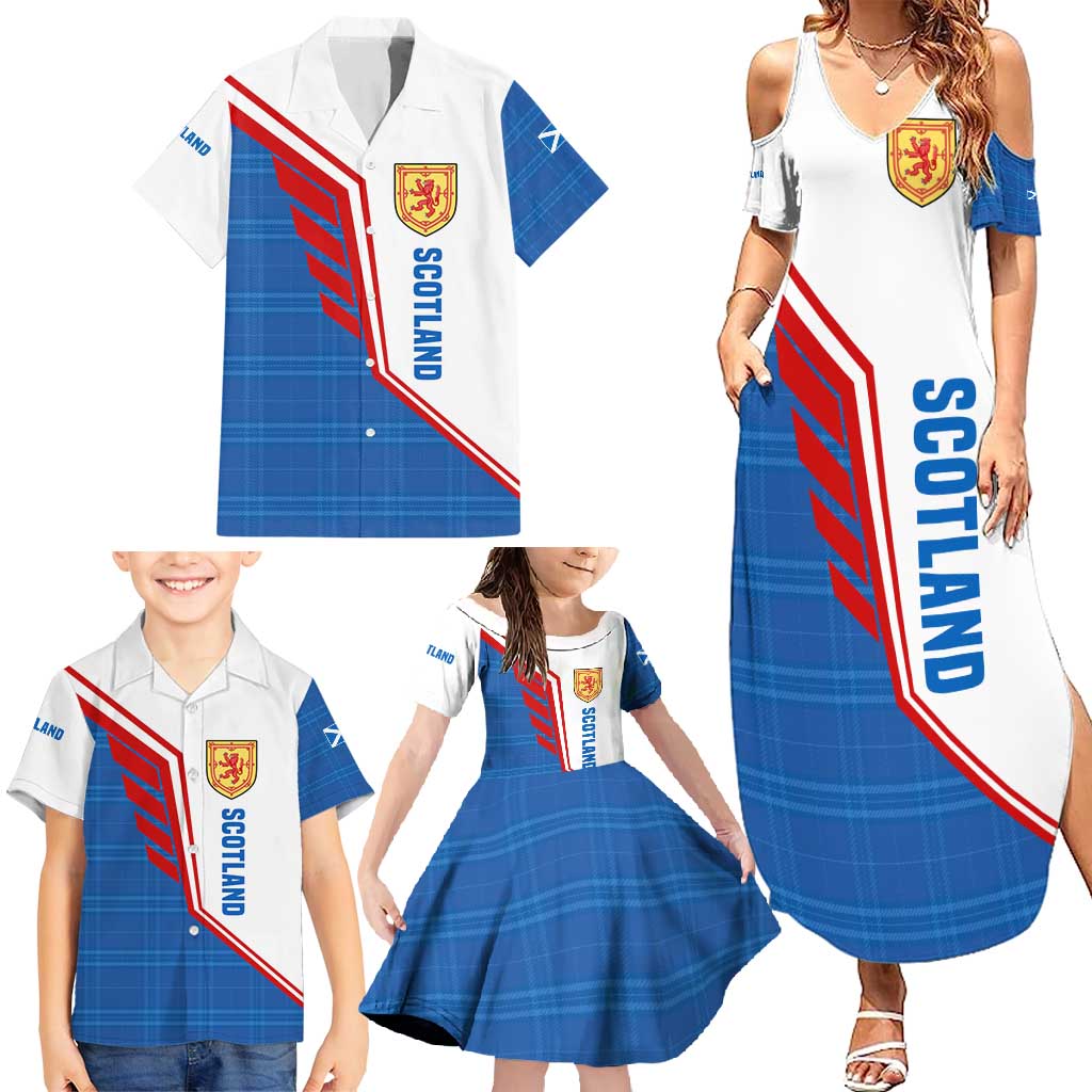 Scotland Blue Tartan Family Matching Summer Maxi Dress and Hawaiian Shirt with Crest and Saltire Shield Design - Wonder Print Shop