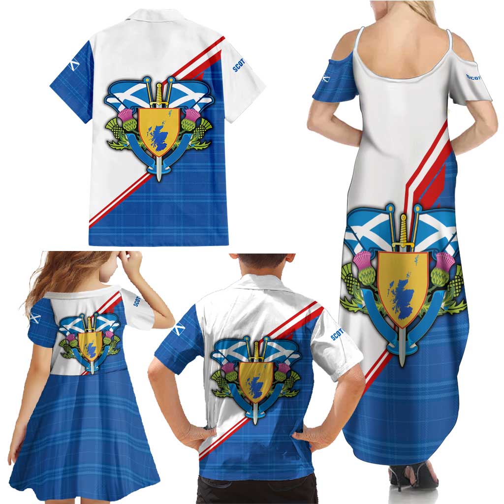 Scotland Blue Tartan Family Matching Summer Maxi Dress and Hawaiian Shirt with Crest and Saltire Shield Design - Wonder Print Shop