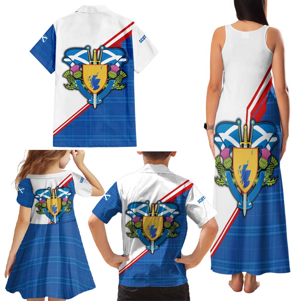 Scotland Blue Tartan Family Matching Tank Maxi Dress and Hawaiian Shirt with Crest and Saltire Shield Design - Wonder Print Shop