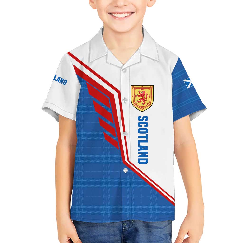 Scotland Blue Tartan Kid Hawaiian Shirt with Crest and Saltire Shield Design - Wonder Print Shop