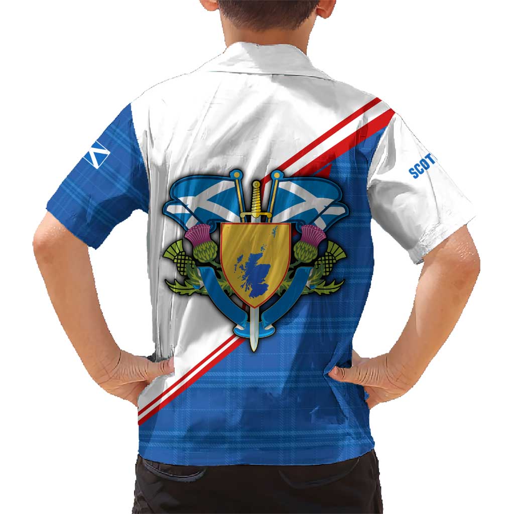 Scotland Blue Tartan Kid Hawaiian Shirt with Crest and Saltire Shield Design - Wonder Print Shop