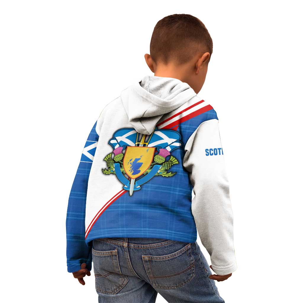 Scotland Blue Tartan Kid Hoodie with Crest and Saltire Shield Design - Wonder Print Shop