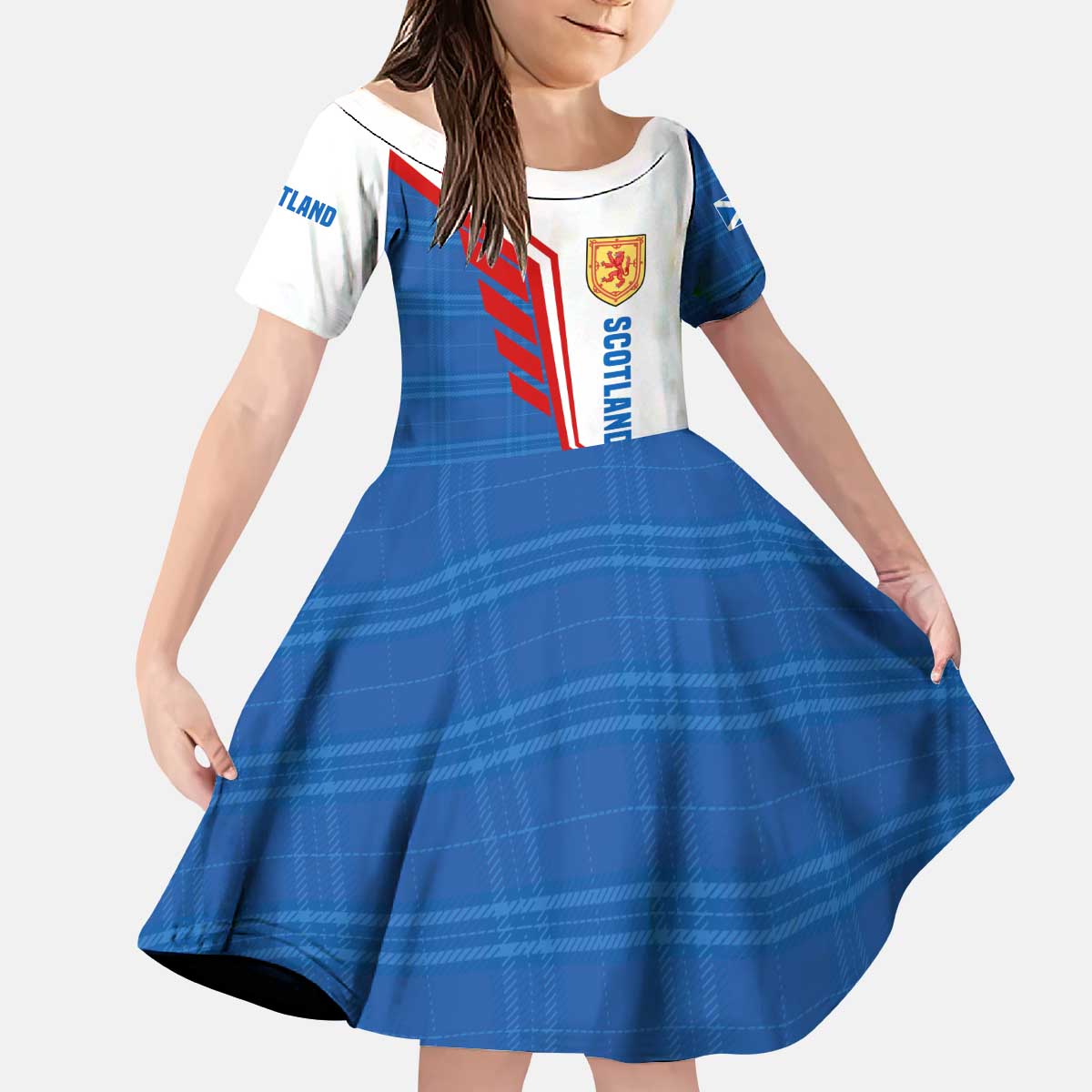 Scotland Blue Tartan Kid Short Sleeve Dress with Crest and Saltire Shield Design - Wonder Print Shop