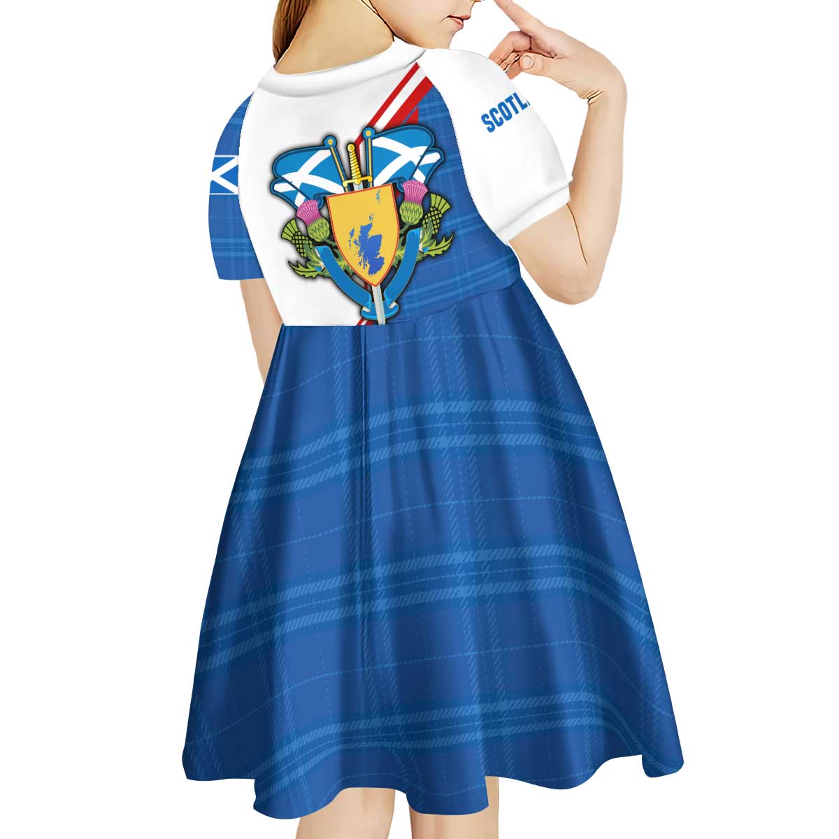 Scotland Blue Tartan Kid Short Sleeve Dress with Crest and Saltire Shield Design - Wonder Print Shop