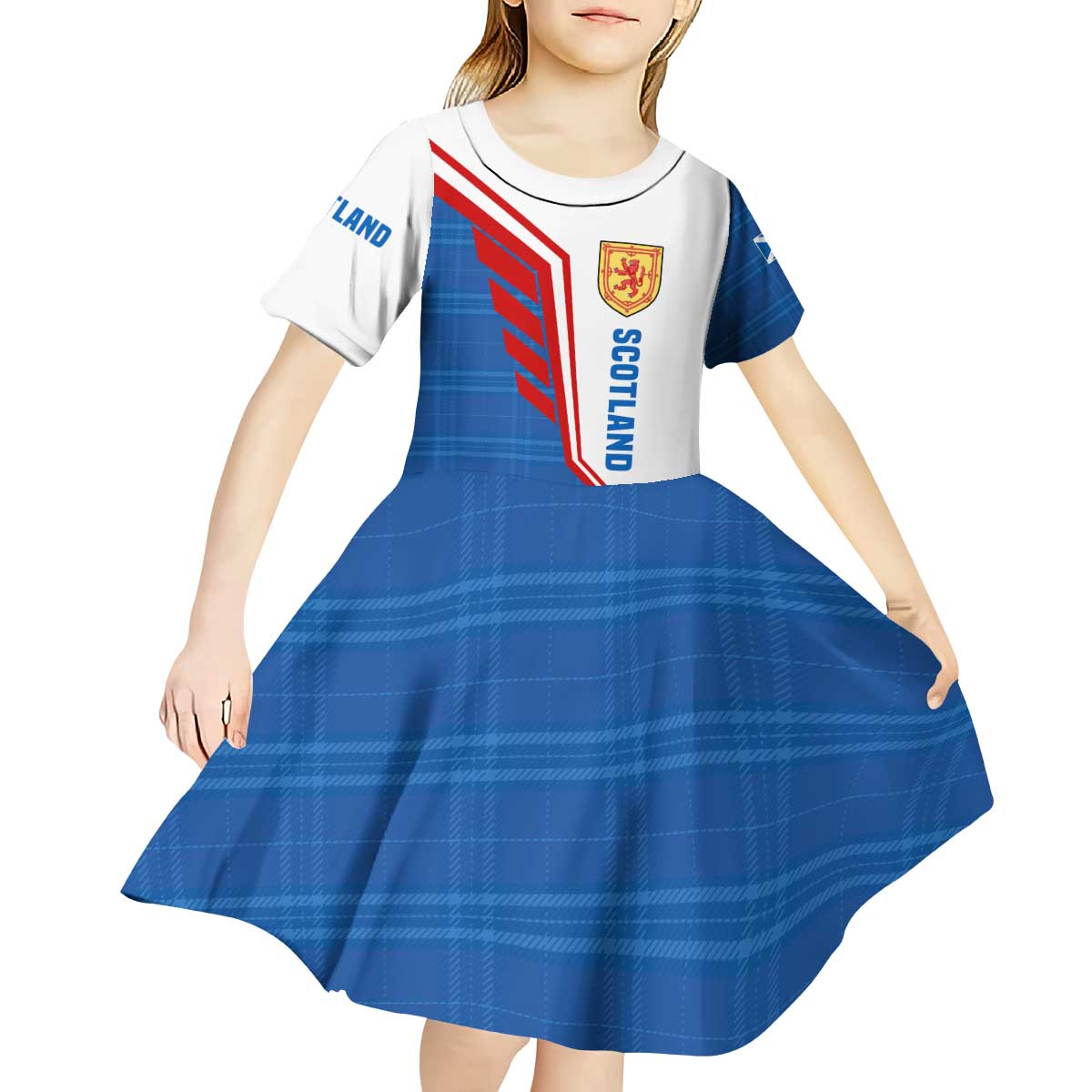 Scotland Blue Tartan Kid Short Sleeve Dress with Crest and Saltire Shield Design - Wonder Print Shop