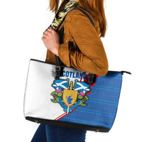 Scotland Blue Tartan Leather Tote Bag with Crest and Saltire Shield Design - Wonder Print Shop