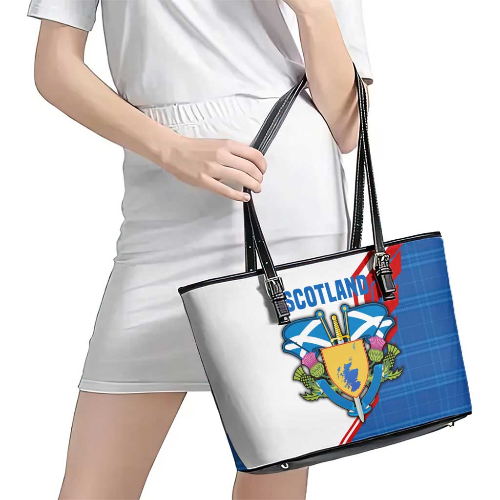 Scotland Blue Tartan Leather Tote Bag with Crest and Saltire Shield Design - Wonder Print Shop