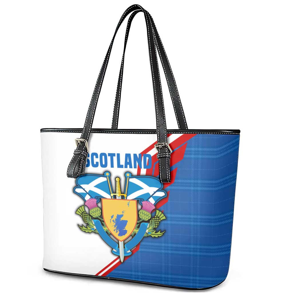 Scotland Blue Tartan Leather Tote Bag with Crest and Saltire Shield Design - Wonder Print Shop