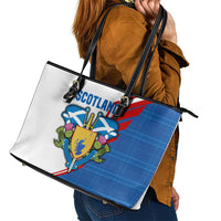 Scotland Blue Tartan Leather Tote Bag with Crest and Saltire Shield Design - Wonder Print Shop