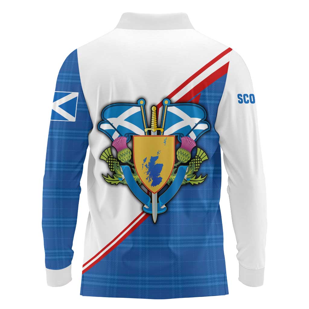 Scotland Blue Tartan Long Sleeve Polo Shirt with Crest and Saltire Shield Design - Wonder Print Shop