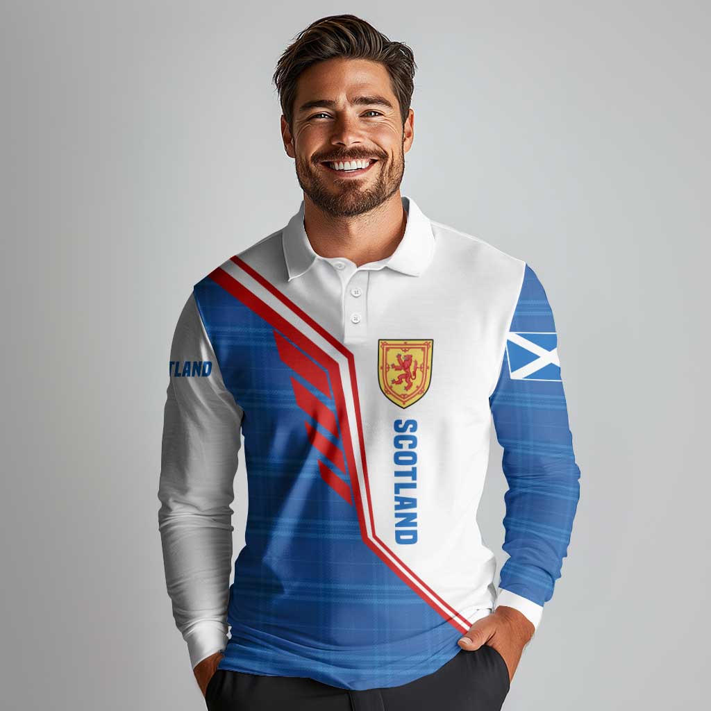Scotland Blue Tartan Long Sleeve Polo Shirt with Crest and Saltire Shield Design - Wonder Print Shop