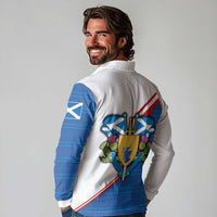 Scotland Blue Tartan Long Sleeve Polo Shirt with Crest and Saltire Shield Design - Wonder Print Shop
