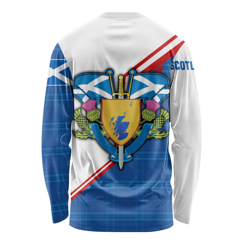 Scotland Blue Tartan Long Sleeve Shirt with Crest and Saltire Shield Design - Wonder Print Shop