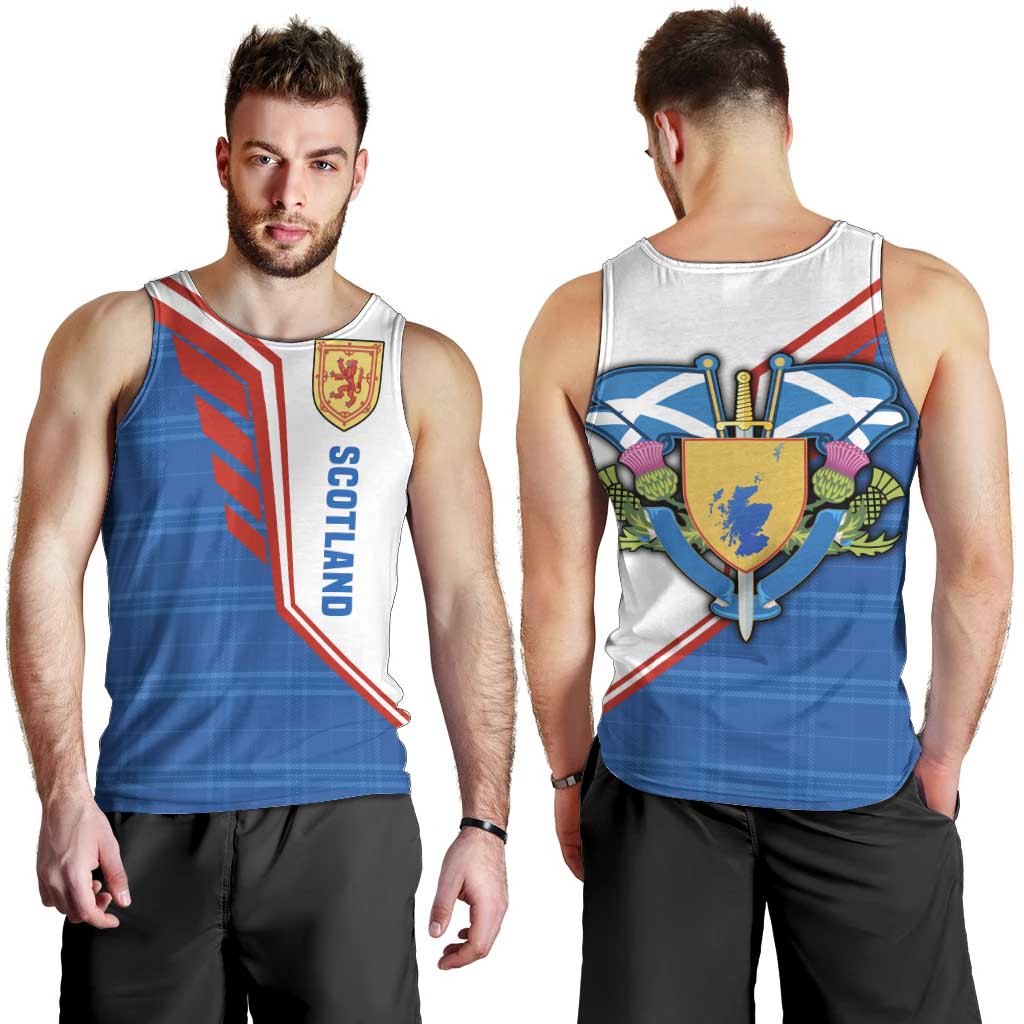 Scotland Blue Tartan Men Tank Top with Crest and Saltire Shield Design - Wonder Print Shop