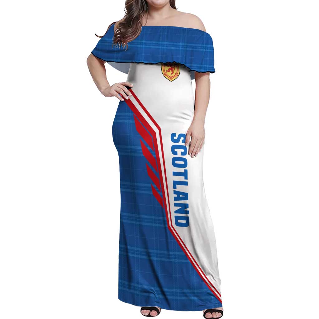 Scotland Blue Tartan Off Shoulder Maxi Dress with Crest and Saltire Shield Design - Wonder Print Shop
