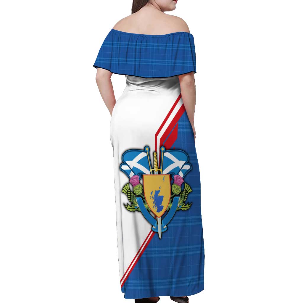 Scotland Blue Tartan Off Shoulder Maxi Dress with Crest and Saltire Shield Design - Wonder Print Shop