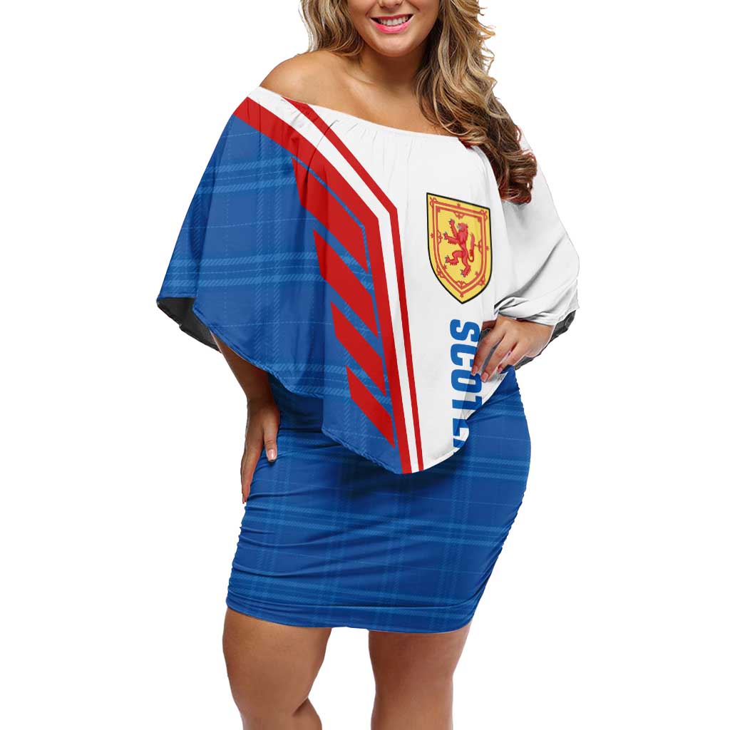 Scotland Blue Tartan Off Shoulder Short Dress with Crest and Saltire Shield Design - Wonder Print Shop