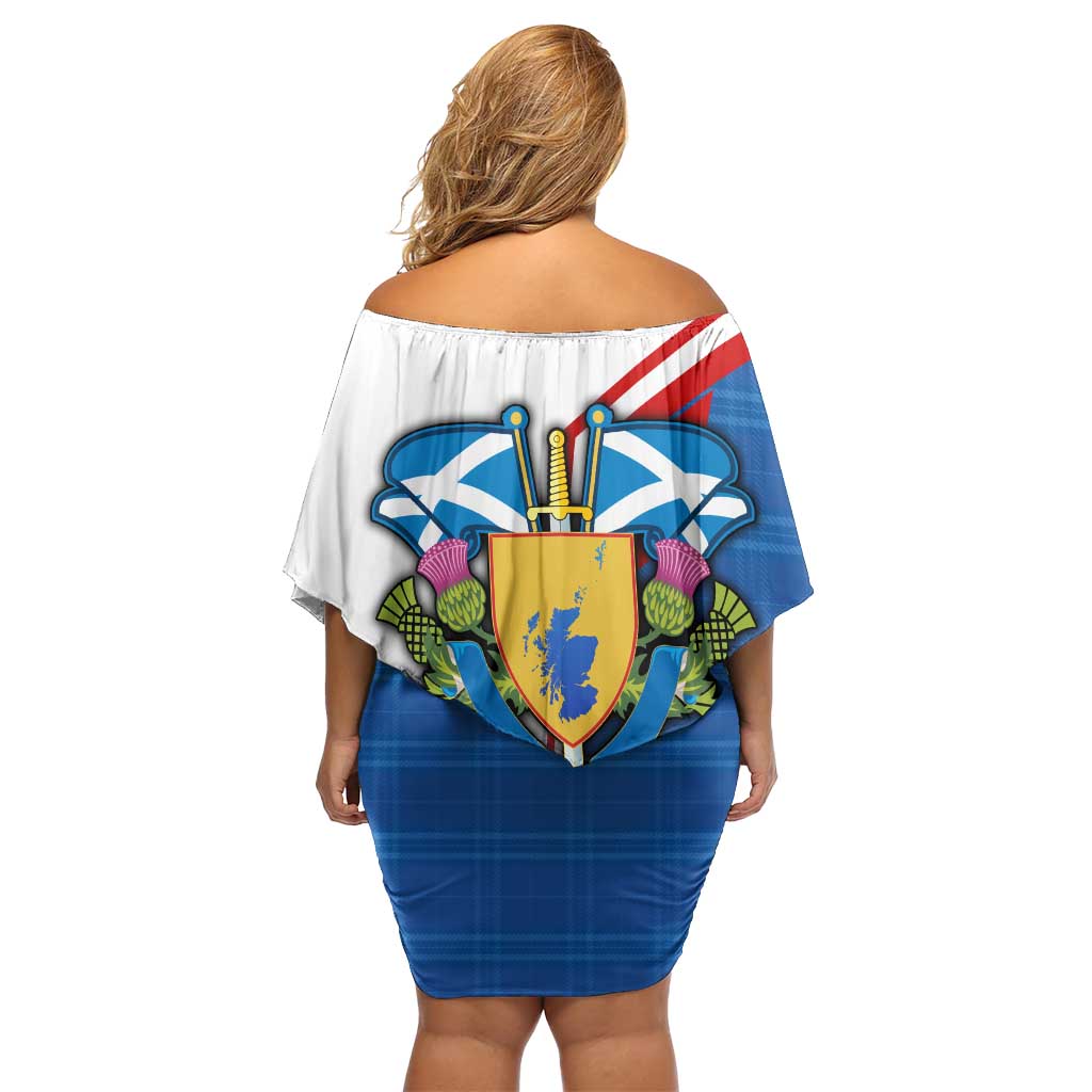 Scotland Blue Tartan Off Shoulder Short Dress with Crest and Saltire Shield Design - Wonder Print Shop