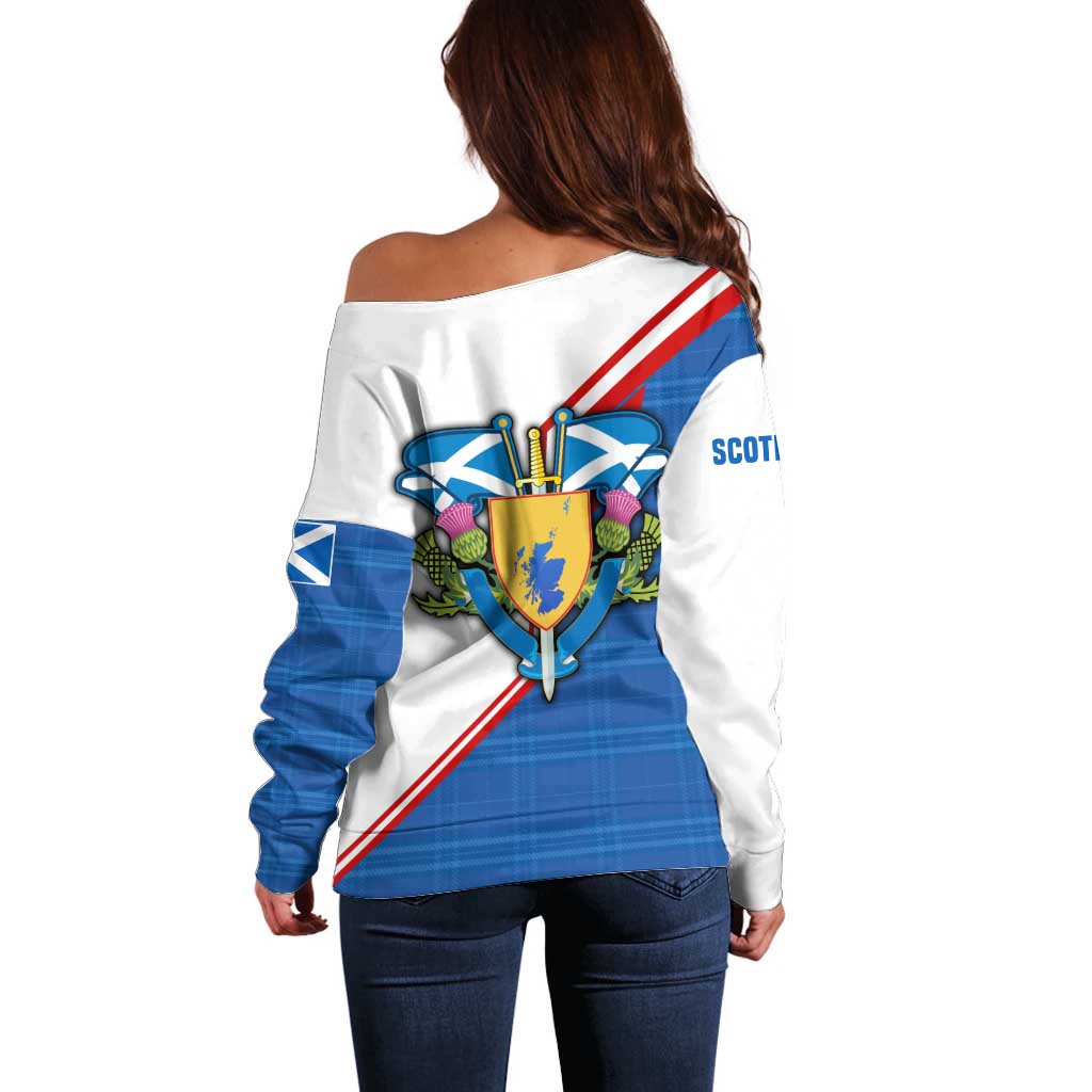 Scotland Blue Tartan Off Shoulder Sweater with Crest and Saltire Shield Design - Wonder Print Shop