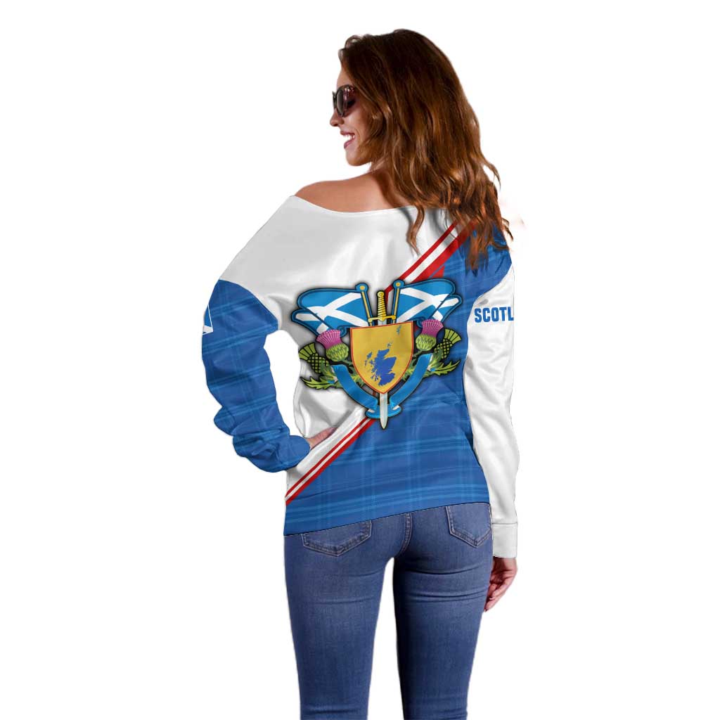 Scotland Blue Tartan Off Shoulder Sweater with Crest and Saltire Shield Design - Wonder Print Shop