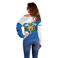 Scotland Blue Tartan Off Shoulder Sweater with Crest and Saltire Shield Design - Wonder Print Shop