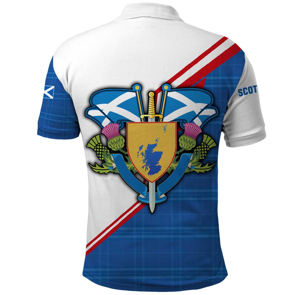 Scotland Blue Tartan Polo Shirt with Crest and Saltire Shield Design - Wonder Print Shop