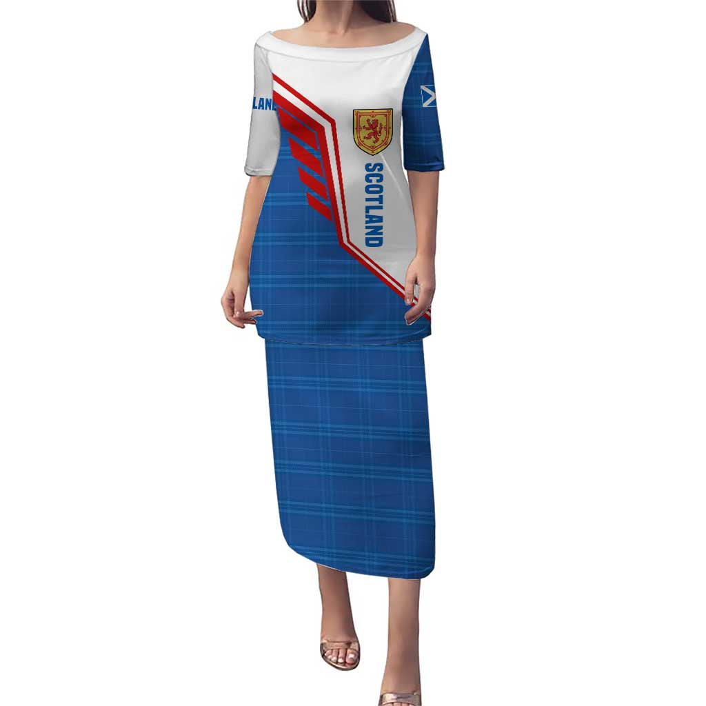 Scotland Blue Tartan Puletasi with Crest and Saltire Shield Design - Wonder Print Shop