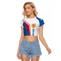 Scotland Blue Tartan Raglan Cropped T Shirt with Crest and Saltire Shield Design - Wonder Print Shop
